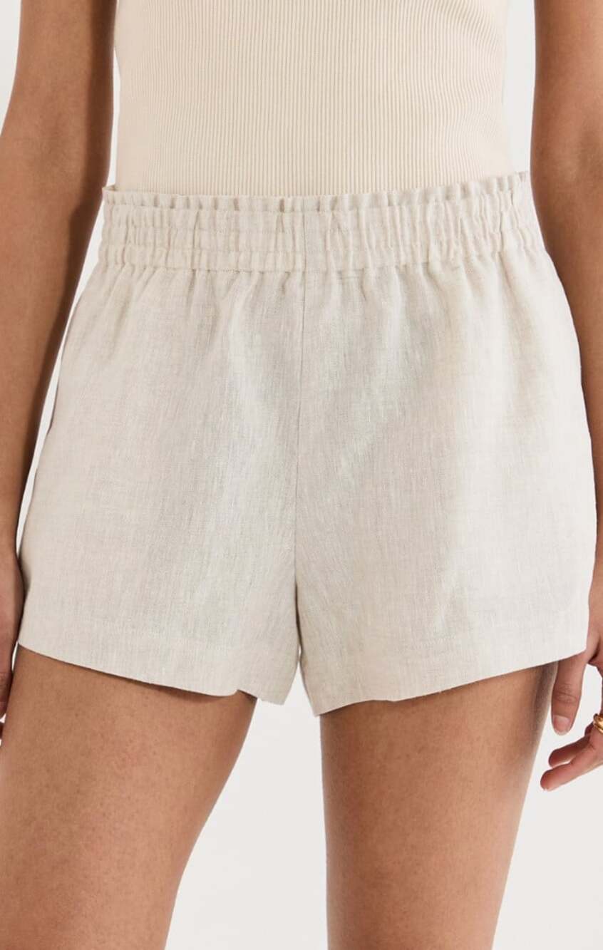 Reformation Mila Smocked Waist Linen Shorts in Oatmeal Shorts XS
